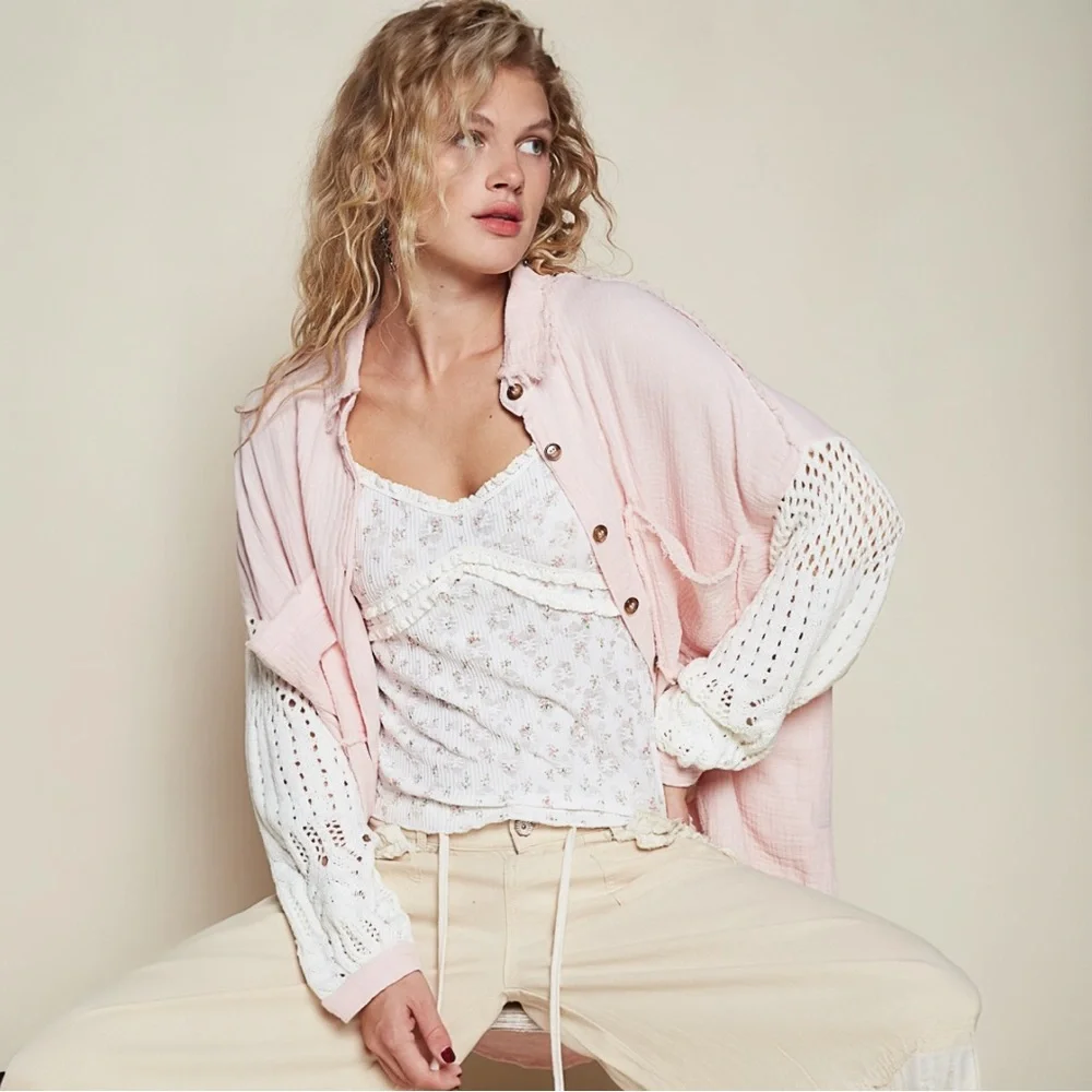 POL Oversize Button Down Sweater Sleeve Gauze Shirt - Picture 3 of 7